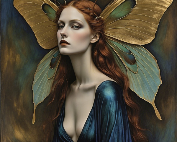 Woman with Red Hair and Golden Butterfly Wings