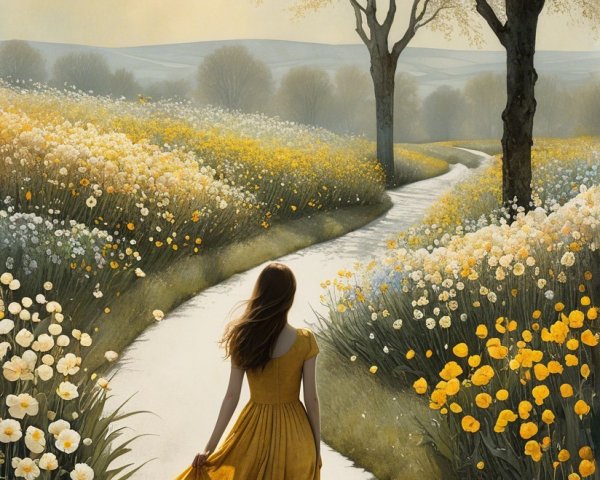 Woman in Yellow Dress on Winding Flower Path