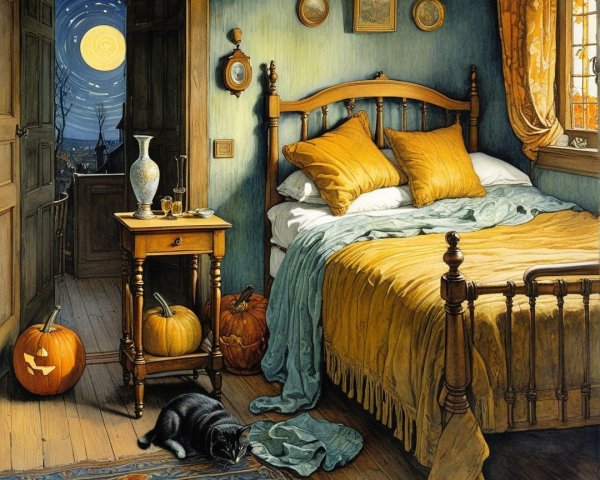 Cozy Autumn Bedroom with Starry Night View