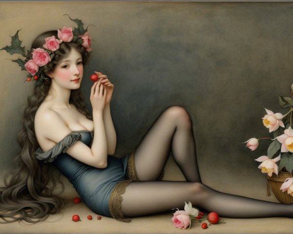 Elegant figure with roses, ivy, and soft blue attire