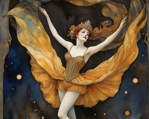 Graceful Ballerina with Butterfly Wings in Golden Costume on Celestial Backdrop