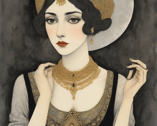 Illustration of a Woman with Pale Skin and Gold Jewelry
