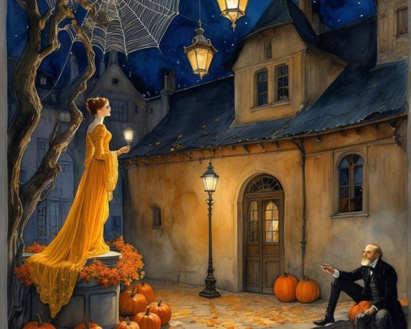 Moonlit Courtyard with Woman in Yellow Gown and Pumpkins