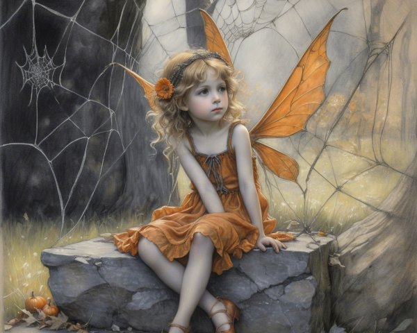 Young girl with butterfly wings in a misty forest