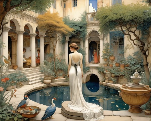 Elegant Woman by Tranquil Blue Pond in Courtyard