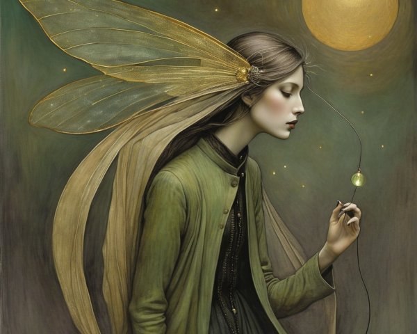 Serene figure with translucent wings and glowing orb