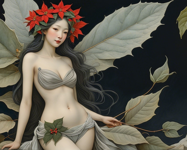 Serene figure in nature with flowing hair and garment