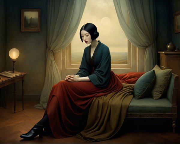 Vintage Room with Woman in Deep Red Gown