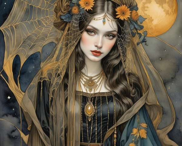 Elegant Woman in Dark Gown with Mystical Elements