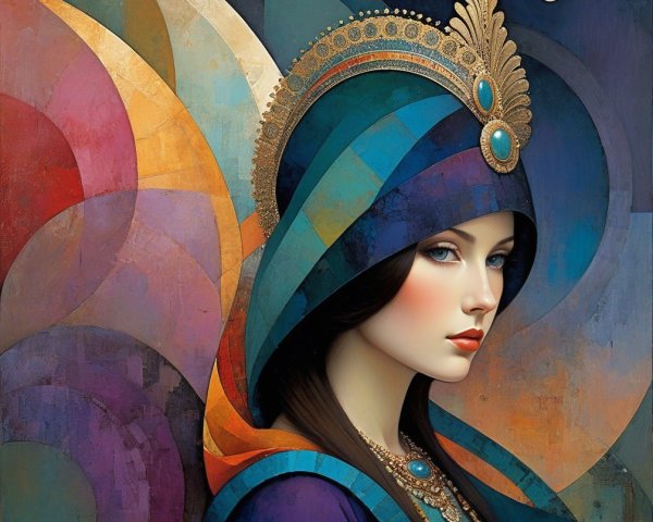 Stylized portrait of a woman with blue headpiece