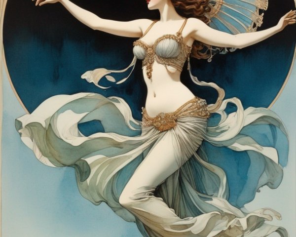 Art Nouveau Woman with Fan and Flowing Garments on Seaside Background