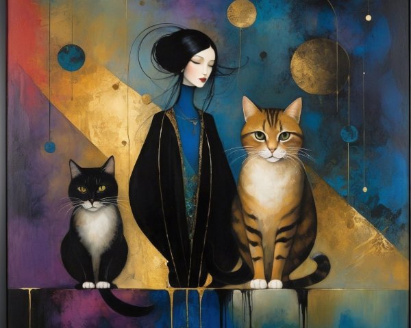 Serene Woman with Cats in Dreamlike Colorful Setting