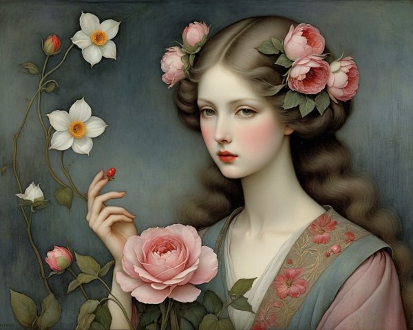 Fair-skinned young woman with pink roses in hair