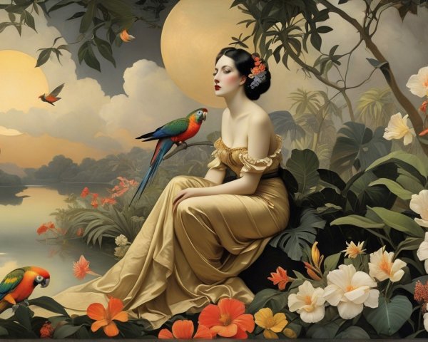 Serene Woman in Gold Gown by Tropical Lake Scene