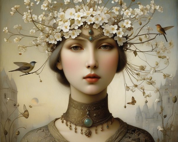 Serene Woman with Floral Crown in Pastel Landscape