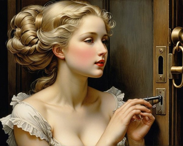 Young woman with blonde hair and key at a door