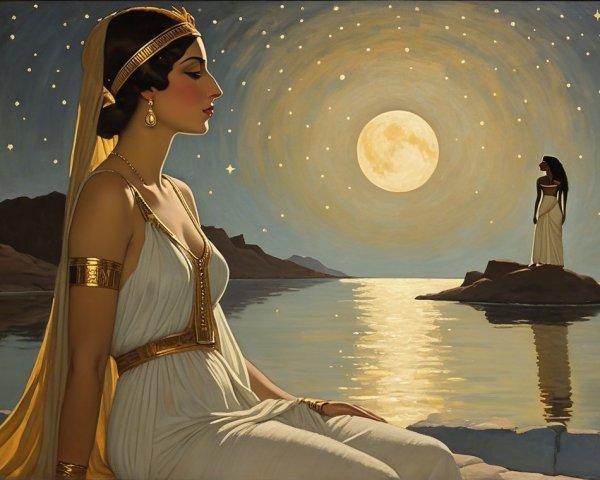 Moonlit Lake Scene with Elegant Figures and Jewelry