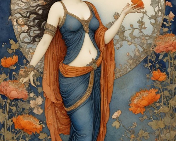 Art Nouveau Illustration of Woman with Flowers and Moon