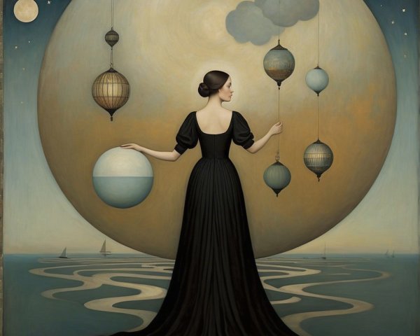 Figure in Black Gown with Sphere Under Ethereal Moon