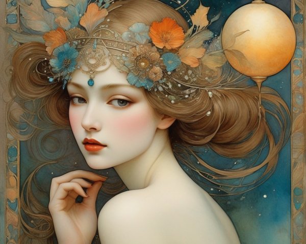 Woman with flowing hair and floral headpiece in serene portrait.