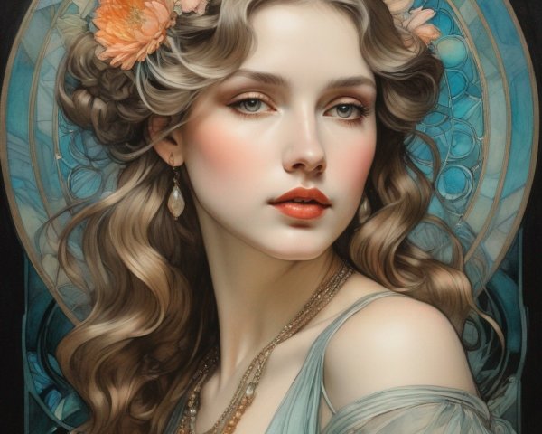 Portrait of a Woman in Blue Dress with Floral Headpiece