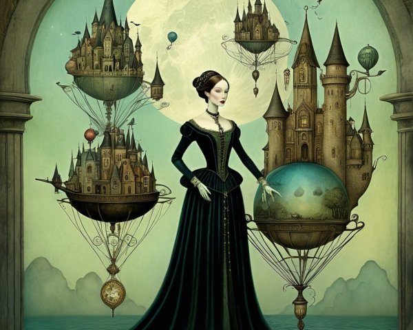 Mysterious Woman in Black Gown Amid Floating Castles