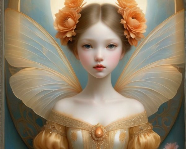 Illustration of a fairy with translucent wings and golden dress in moonlit setting