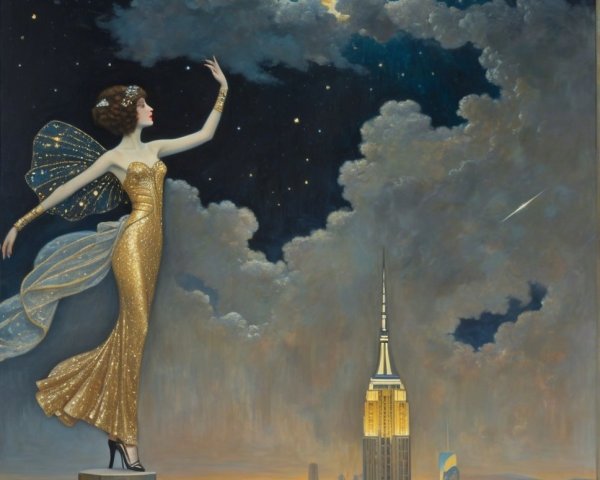 Glamorous Figure in Gold Gown Against Night Sky