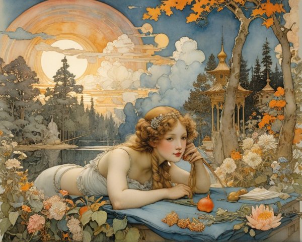 Serene Woman Reclining Amidst Vibrant Flowers and Sunset