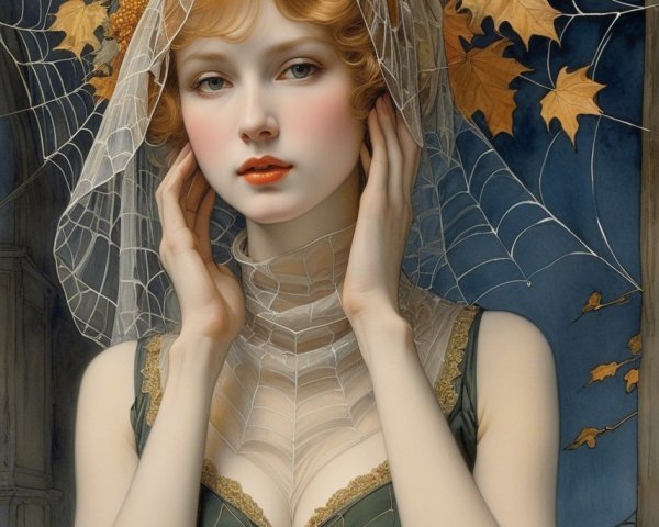 Young Woman in Dark Green Dress with Veil and Leaves