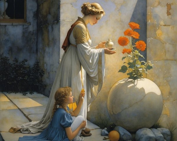 Tranquil courtyard scene with figures and vibrant flowers