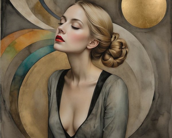 Serene Woman with Elegant Hairstyle and Circular Patterns