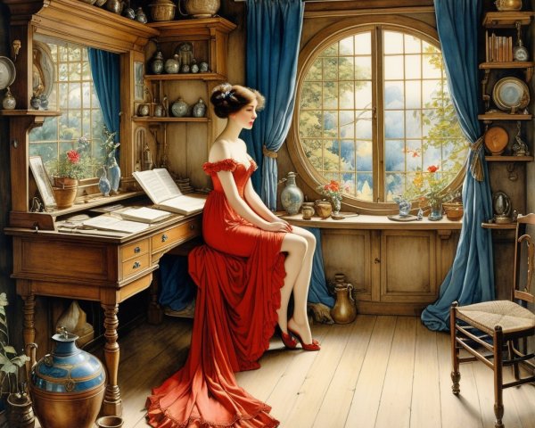 Woman in Red Dress by a Large Rounded Window