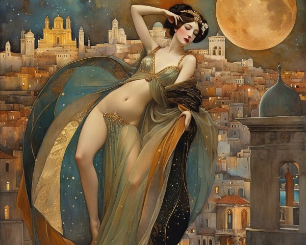 Full Moon Scene with Ethereal Figure in Ancient City