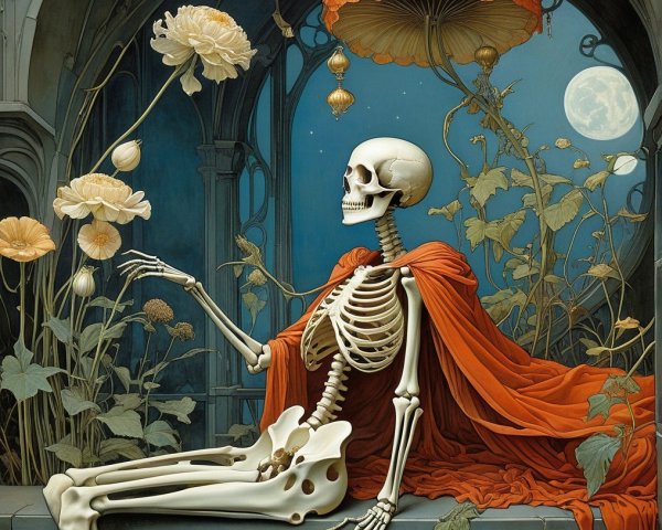 Skeletal Figure in Orange Cloak Amidst Lush Flora