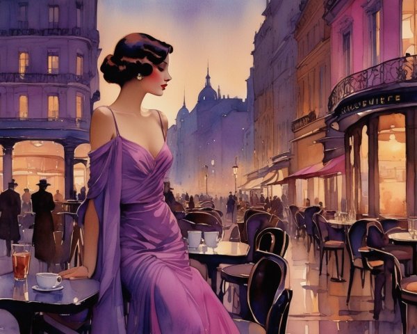 Elegant Woman in Purple Dress at Parisian Café