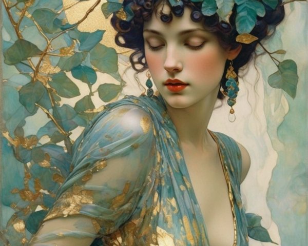 Serene woman in blue and gold attire with green foliage headpiece