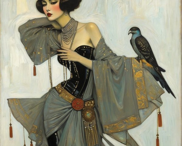 Glamorous Woman in Elegant Gown with Bird and Flowers