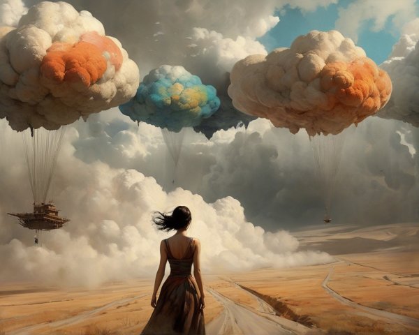 Solitary Figure in Barren Landscape with Colorful Clouds