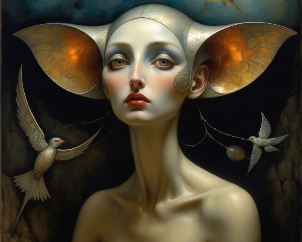 Surreal Portrait of a Woman with Ornate Headgear
