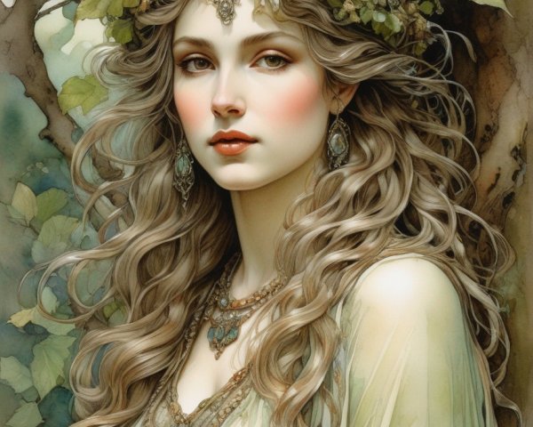 Detailed illustration of woman with wavy hair, leafy headdress, and intricate jewelry in soft natural