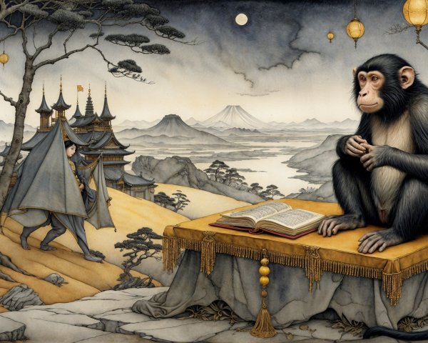 Moonlit Landscape with Monkey and Traditional Elements