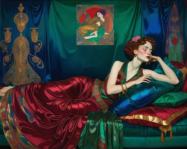 Elegant woman in vibrant gown on ornate couch