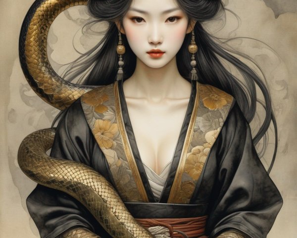 Mystical Woman in Traditional Attire with Serpent