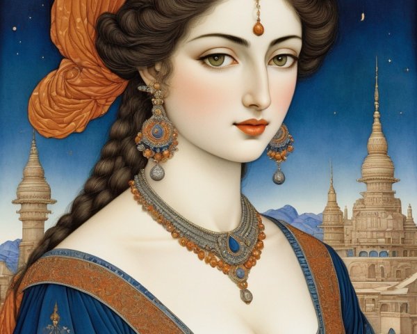 Stylized Portrait of Woman in Turban and Blue Dress