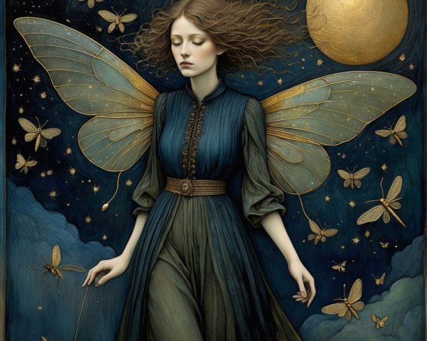 Serene Figure with Butterfly Wings in Starry Night
