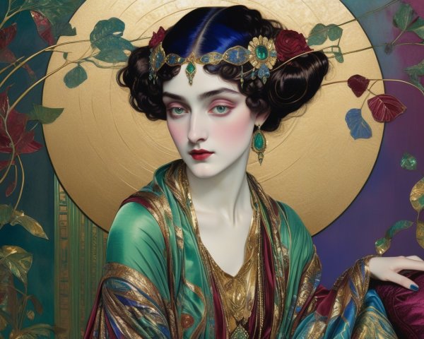 Regal woman in emerald robes with floral accents
