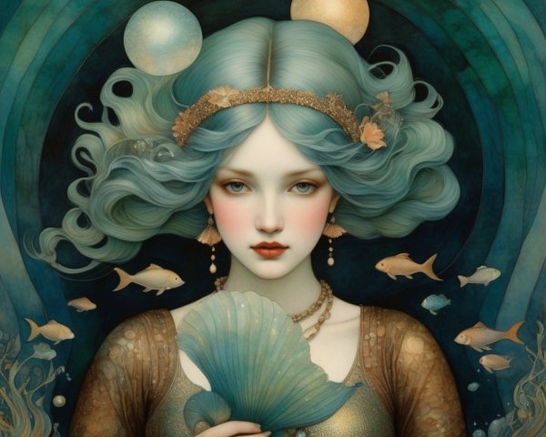 Surreal portrait of woman with blue hair, orbs, fish, and wavy patterns