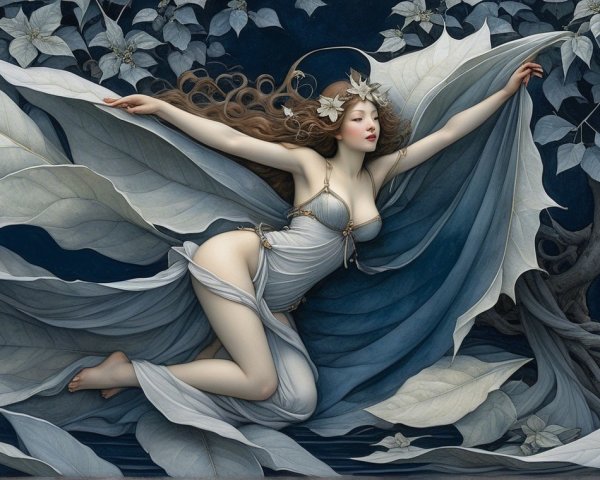 Ethereal figure in flowing leaf garments in twilight scene
