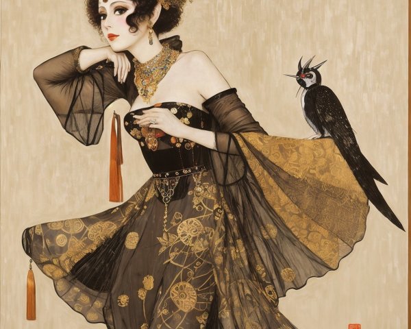 Elegant Woman in Black Gown with Black Bird Companion